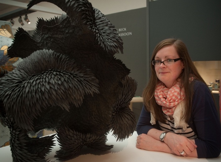 Photograph of Yvonne Hardman with work by Junko Mori photo by Mark Crick